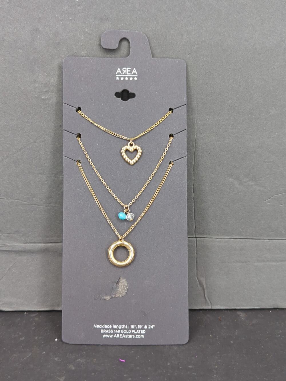 AREA Gold Tone Layered Charm Necklace Set Heart Circle Turquoise Beaded NWT